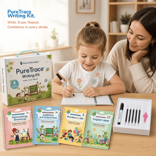 A parent and child using the PureTrace Writing Kit together at the kitchen table
