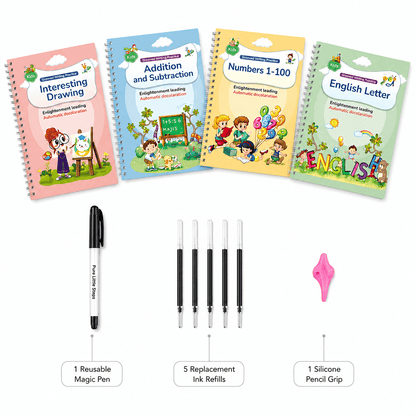 What's in the box: 4 reusable workbooks, 1 magic pen, 5 ink refills and a pencil grip
