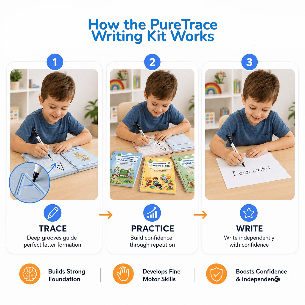 How it works: trace the groove, practise the movement, then write independently