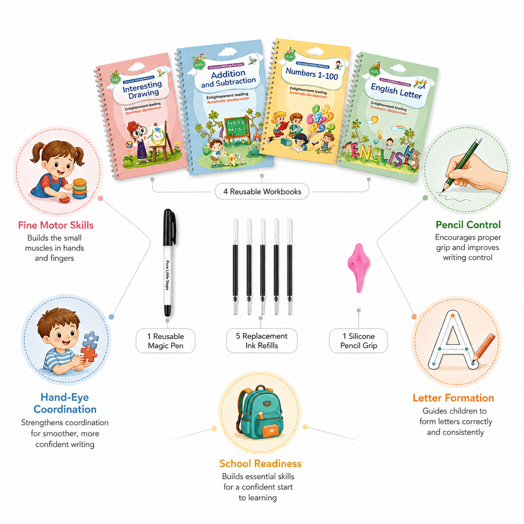 Skills the kit builds: fine motor control, pencil control, hand-eye coordination and school readiness