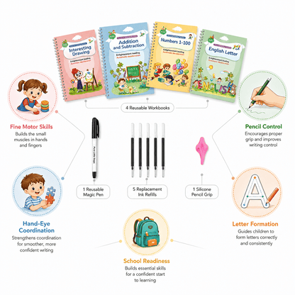 Skills the kit builds: fine motor control, pencil control, hand-eye coordination and school readiness